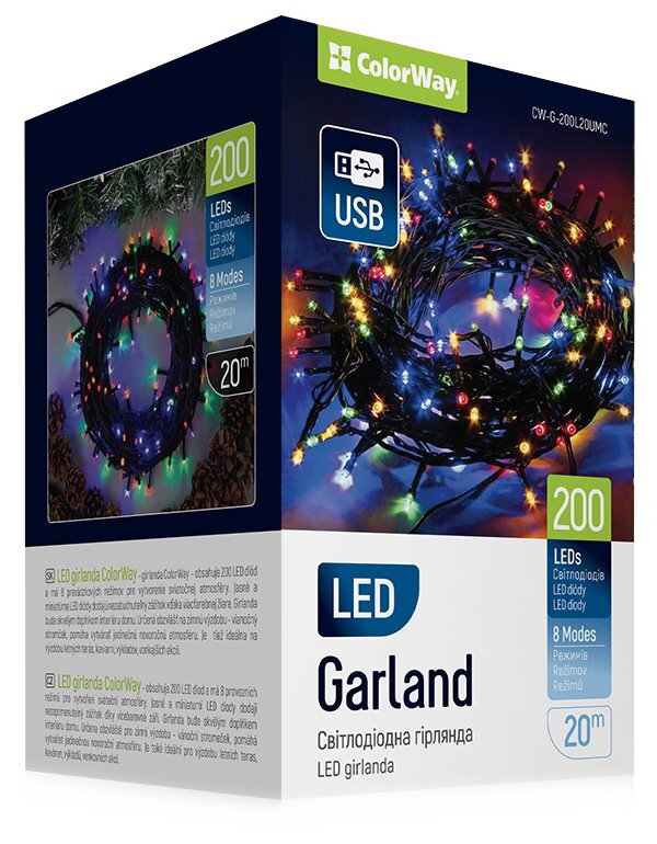 COLORWAY LED řetěz/ vnitřní / 200 LED / délka 20m / více barevný / 8 funkcí/ napájení USB