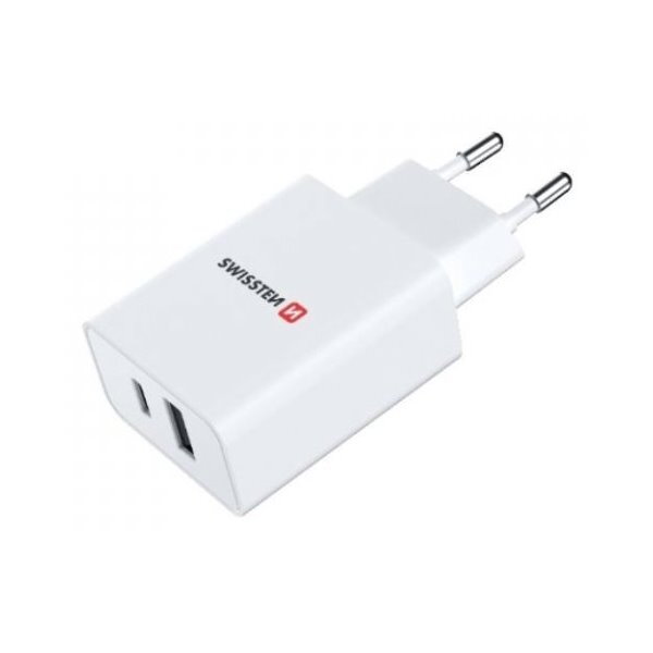 Swissten Síťový Adaptér 1x USB-C + 1x USB 2,1A 10,5W Bilý Swissten Síťový Adaptér 1x USB-C + 1x USB 2,1A 10,5W Bilý