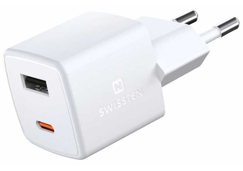 Swissten Síťový Adaptér GaN 1x USB-C + 1xUSB 30W PD mini 3x3x3 cm Bilý