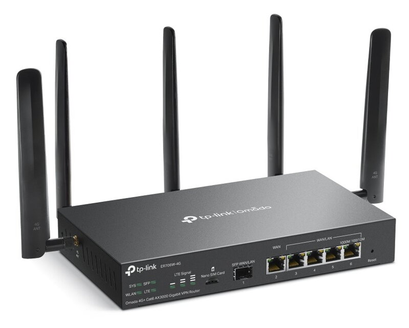 TP-Link ER706W-4G Omada VPN Router, 1x Nano SIM slot (4G+ Cat6), WiFi 6 2402 Mbps 5GHz + 574 Mbps 2.4GHz, 1x SFP GWAN/ TP-Link ER706W-4G Omada VPN Router, 1x Nano SIM slot (4G+ Cat6), WiFi 6 2402 Mbps 5GHz + 574 Mbps 2.4GHz, 1x SFP GWAN/