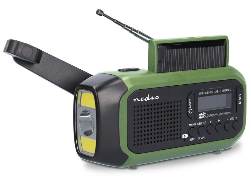 NEDIS přenosné nouzové rádio/ napájení z baterie/ z USB/ solární panel/ DAB+ / FM/ budík/ světlo/ černo-zelené NEDIS přenosné nouzové rádio/ napájení z baterie/ z USB/ solární panel/ DAB+ / FM/ budík/ světlo/ černo-zelené