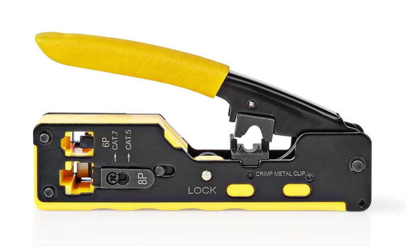 NEDIS krimpovací kleště/ CAT5/ CAT5e/ CAT6/ CAT6a/ CAT7/ RJ12/ RJ45/ odizolování/ řezání/ guma/ocel/ černo-žluté NEDIS krimpovací kleště/ CAT5/ CAT5e/ CAT6/ CAT6a/ CAT7/ RJ12/ RJ45/ odizolování/ řezání/ guma/ocel/ černo-žluté