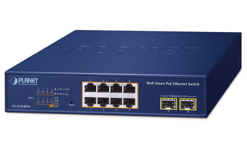 Planet GS-2210-8P2S WEBsmart L2 switch, 8x1Gb, 2x1Gb SFP, 8x PoE 802.3at 120W, QoS Planet GS-2210-8P2S WEBsmart L2 switch, 8x1Gb, 2x1Gb SFP, 8x PoE 802.3at 120W, QoS