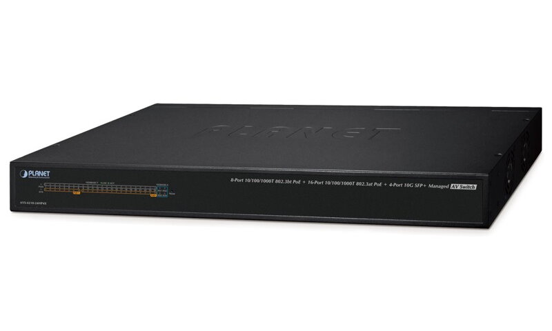 Planet AVS-4210-24HP4X managed AV switch, 24x1Gb, 4x10Gb SFP+, 16x PoE 802.3at + 8x PoE 802.3bt 450W, 0~50°C , QoS