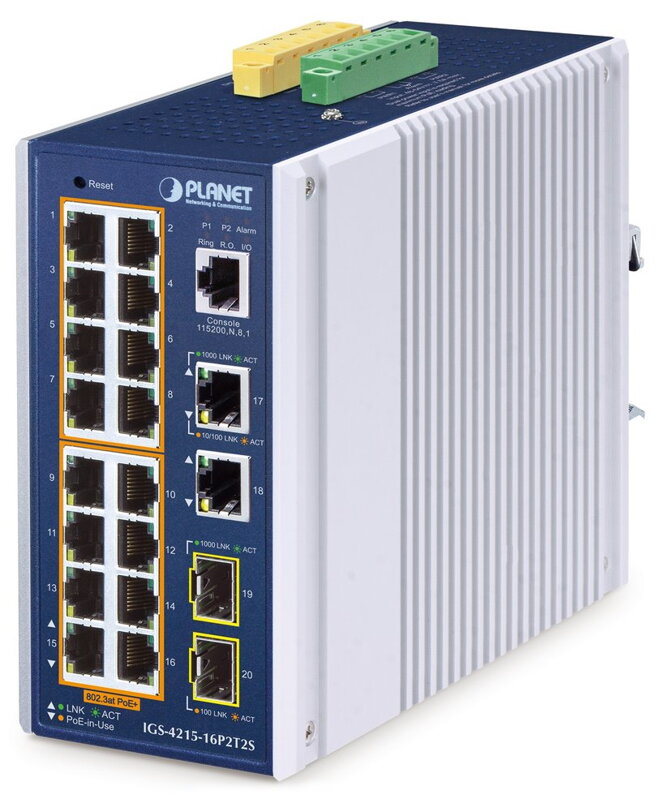 Planet IGS-4215-16P2T2S průmyslový L2 switch, 18x1Gb,2x1Gb SFP,16x PoE 802.3at 240W,-40~75°C, dual 48-54VDC,IP30,fanless