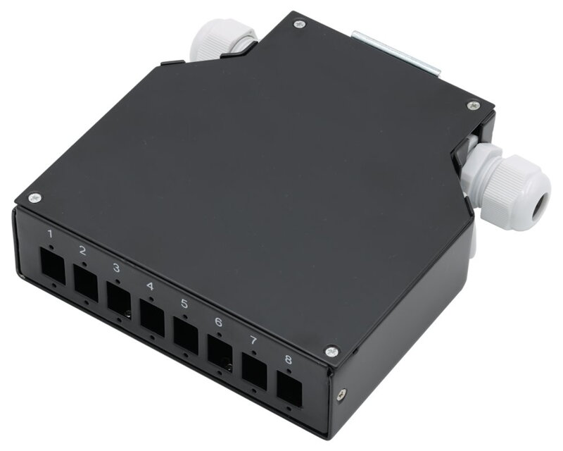 XtendLan mini rozvadeč na DIN lištu, 8x SC Simplex, 4 vstupní otvory, krytka, černý XtendLan mini rozvadeč na DIN lištu, 8x SC Simplex, 4 vstupní otvory, krytka, černý