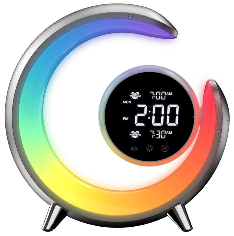 IMMAX LED noční lampička PEACOCK s hodinami/ RGB světlo/ 20W/ 400lm/ 5V/2,1A/ USB port/ stříbrná IMMAX LED noční lampička PEACOCK s hodinami/ RGB světlo/ 20W/ 400lm/ 5V/2,1A/ USB port/ stříbrná