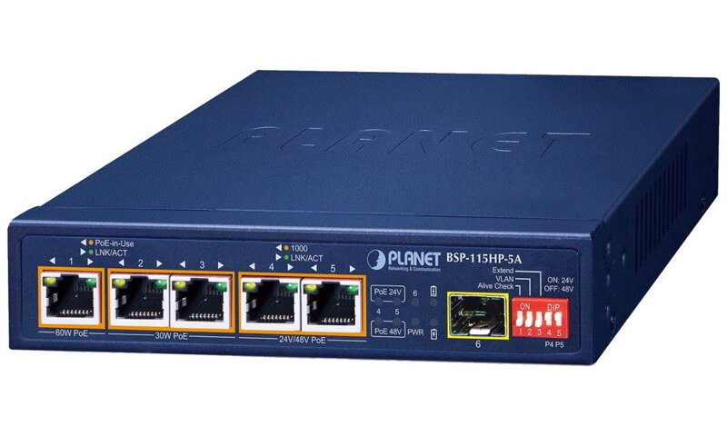 Planet BSP-115HP-5A Hybridní PoE solární switch, 5x1Gb,1x1Gb SFP, 1x PoE++ 802.3bt 60W + 4x PoE 802.3at, -20~65°C , IP30 Planet BSP-115HP-5A Hybridní PoE solární switch, 5x1Gb,1x1Gb SFP, 1x PoE++ 802.3bt 60W + 4x PoE 802.3at, -20~65°C , IP30