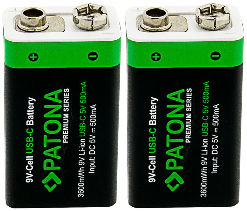 PATONA nabíjecí baterie 6F22/LR22 Li-lon 400mAh 9V s USB-C nabíjením, 2ks v balení PATONA nabíjecí baterie 6F22/LR22 Li-lon 400mAh 9V s USB-C nabíjením, 2ks v balení
