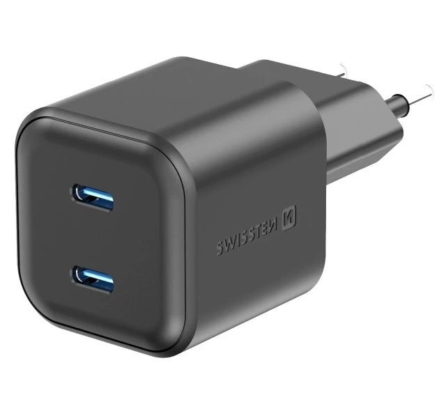 SWISSTEN SÍŤOVÝ ADAPTÉR GaN 2x USB-C 20W POWER DELIVERY ČERNÝ