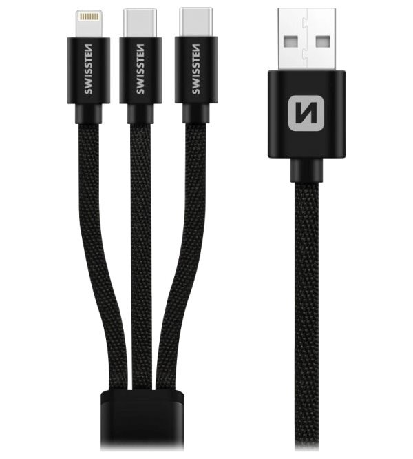 SWISSTEN DATOVÝ KABEL TEXTILE 3in1 1,2 M ČERNÝ (Lightning, 2x USB-C)