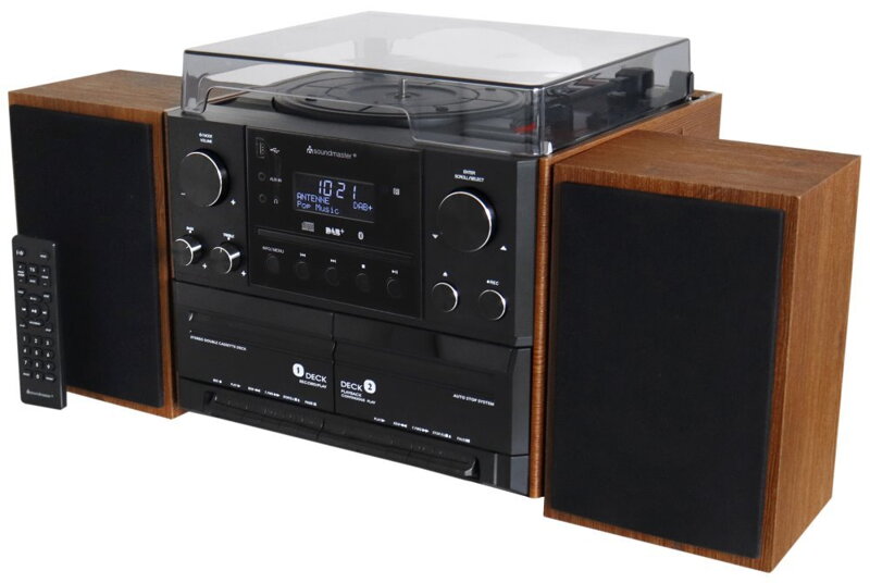 ROZBALENÉ - Soundmaster Elite line MCD5600BR/ Gramofon/ CD/ 2x kazeta/ BT/ DAB+/ MP3/ 2x5W/ Hnědo-černá