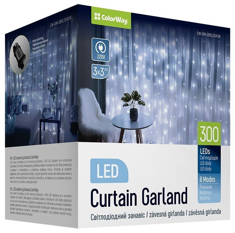 POŠKOZENÝ OBAL - COLORWAY LED girlanda/ vnitřní / 300 LED / délka 3 x 3m / studená bílá/ AC 220V POŠKOZENÝ OBAL - COLORWAY LED girlanda/ vnitřní / 300 LED / délka 3 x 3m / studená bílá/ AC 220V