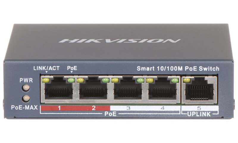 Hikvision DS-3E1105P-EI/M - Smart managed switch 4x 100TX PoE + 1x 100TX uplink, 45W, Super PoE