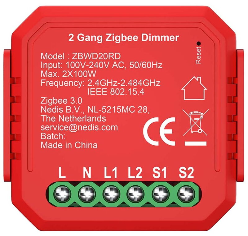 NEDIS chytrý duální spínač osvětlení/ 2x 100W/ připojení terminálu/ Zigbee 3.0/ Android/ iOS/ Nedis® SmartLife/ červený NEDIS chytrý duální spínač osvětlení/ 2x 100W/ připojení terminálu/ Zigbee 3.0/ Android/ iOS/ Nedis® SmartLife/ červený