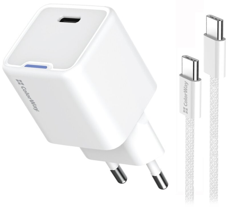 COLORWAY 1x USB-C/ síťová nabíječka/ GaN/ PD/ PPS/ 25W/ Včetně 100cm kabelu/ Bílá COLORWAY 1x USB-C/ síťová nabíječka/ GaN/ PD/ PPS/ 25W/ Včetně 100cm kabelu/ Bílá