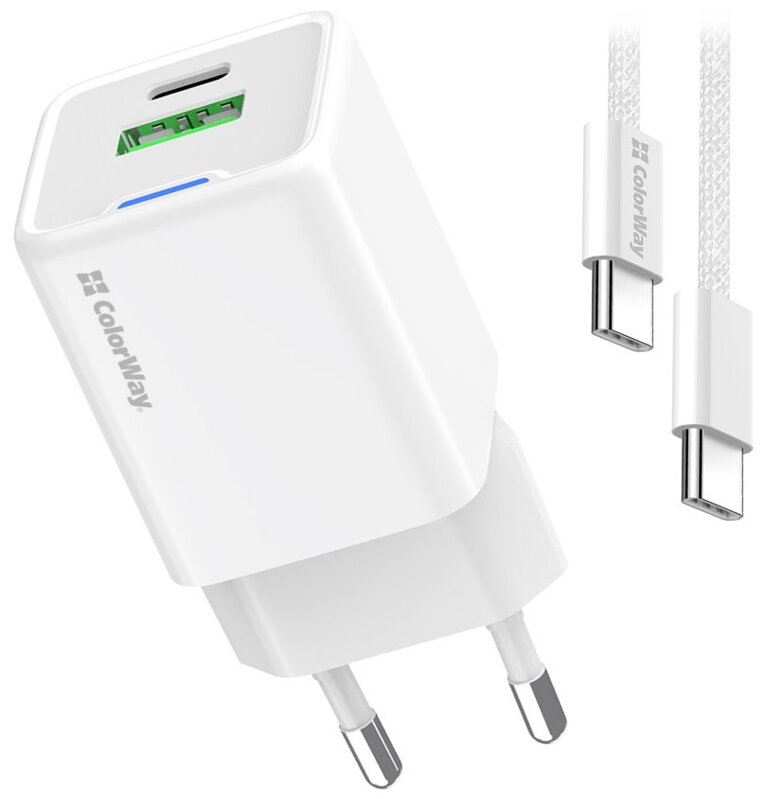 COLORWAY 1x USB-C/ síťová nabíječka/ GaN/ PD/ PPS/ QC/ 30W/ Včetně 100cm kabelu/ Bílá COLORWAY 1x USB-C/ síťová nabíječka/ GaN/ PD/ PPS/ QC/ 30W/ Včetně 100cm kabelu/ Bílá