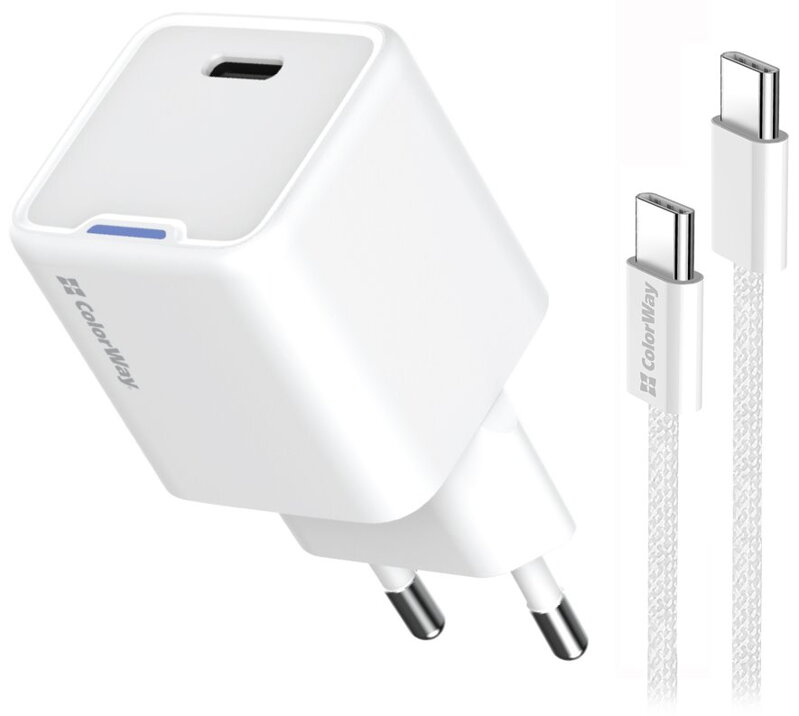 COLORWAY 1x USB-C/ síťová nabíječka/ GaN/ PD/ PPS/ 30W/ Včetně 100cm kabelu/ Bílá COLORWAY 1x USB-C/ síťová nabíječka/ GaN/ PD/ PPS/ 30W/ Včetně 100cm kabelu/ Bílá