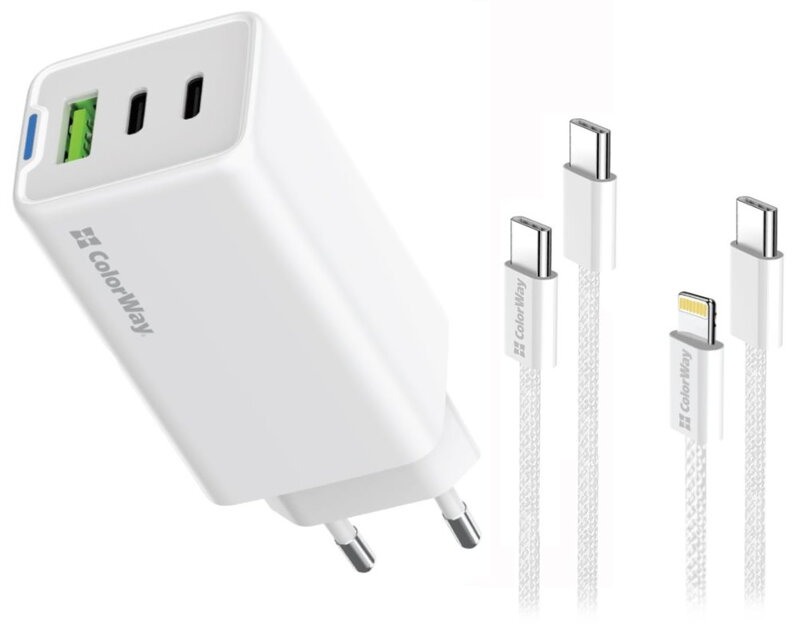 COLORWAY 2x USB-C, 1x USB-A/ síťová nabíječka/ GaN/ PD/ PPS/ 65W/ Včetně 2x kabelů, USB-C-USB-C, USB-C-Lightning/ Bílá COLORWAY 2x USB-C, 1x USB-A/ síťová nabíječka/ GaN/ PD/ PPS/ 65W/ Včetně 2x kabelů, USB-C-USB-C, USB-C-Lightning/ Bílá