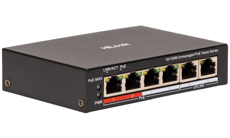 HiLook Powered by HIKVISION switch NS-0106P-45(B)/ 4x port/ 10/100 Mbps RJ45 ports PoE / 2x 100 Mbps uplink