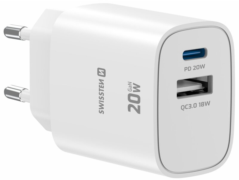 Swissten Síťový Adaptér Edge GaN 1x USB-C PD 20W + 1x USB-A 18W QC Bílý