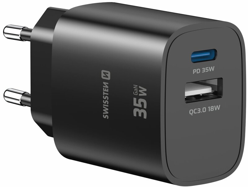 Swissten Síťový Adaptér Edge GaN 1x USB-C PD 35W + 1x USB-A 18W QC Černý