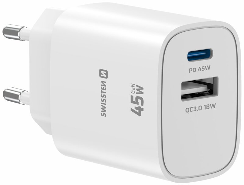 Swissten Síťový Adaptér Edge GaN 1x USB-C PD 45W + 1x USB-A 18W QC Bílý