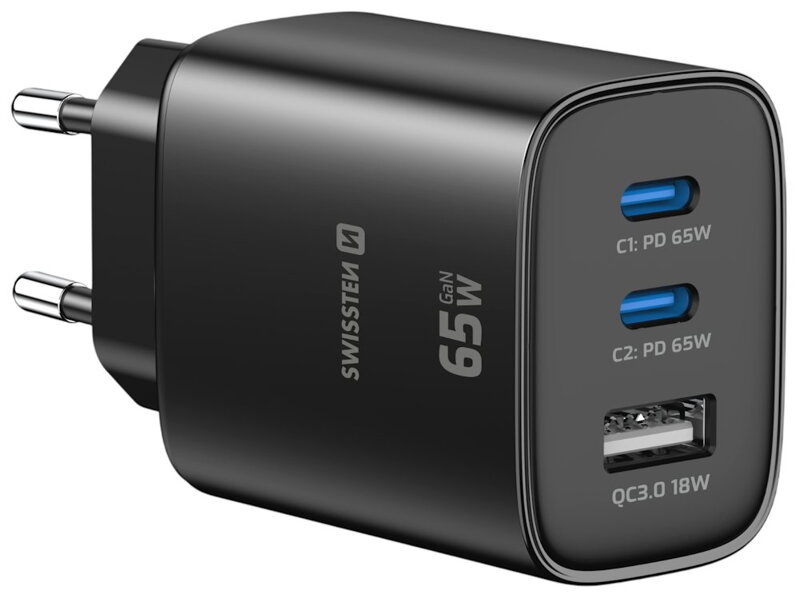 Swissten Síťový Adaptér Edge GaN 2x USB-C PD 65W + 1x USB-A 18W QC Černý