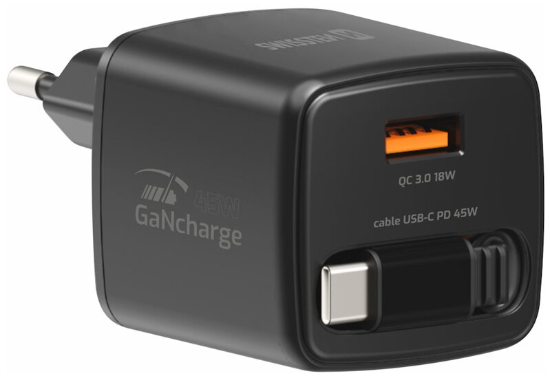 Swissten Síťový Adaptér Slidecharge GaN 45W, 1x USB-A 18W Se Zatahovacím USB-C Kabelem 0,75m Černý