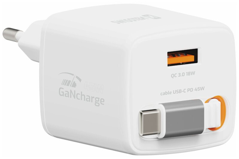 Swissten Síťový Adaptér Slidecharge GaN 45W, 1x USB-A 18W Se Zatahovacím USB-C Kabelem 0,75m Bílý