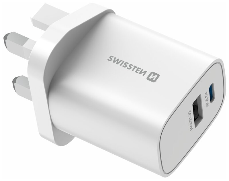 Swissten Síťový Adaptér Edge GaN 1x USB-C PD 35W + 1x USB-A 18W QC, Pro UK Zásuvku Bílý