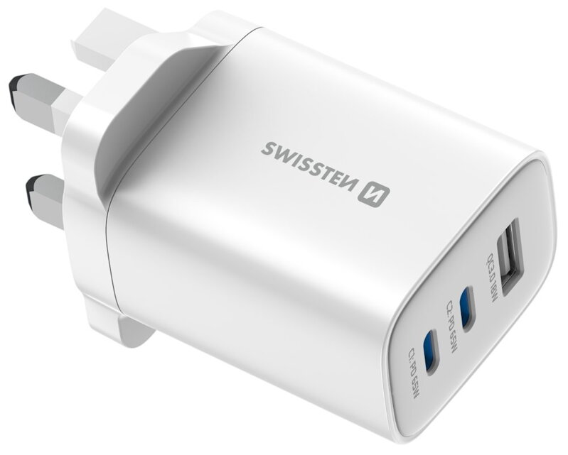 Swissten Síťový Adaptér Edge GaN 2x USB-C PD 65W + 1x USB-A 18W QC, Pro UK Zásuvku Bílý