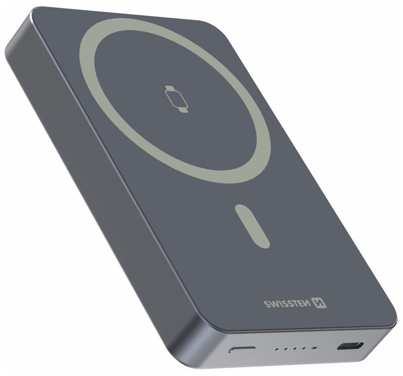 Swissten Power Bank Fusion 10000 mAh S Nabíjením Apple Watch (Kompatibilní S Magsafe) Stříbrná