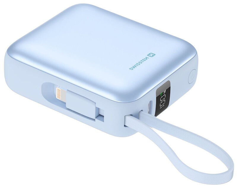 Swissten Power Bank Space 10000 mAh S Integrovanými Kabely USB-C A Lightning Modrá