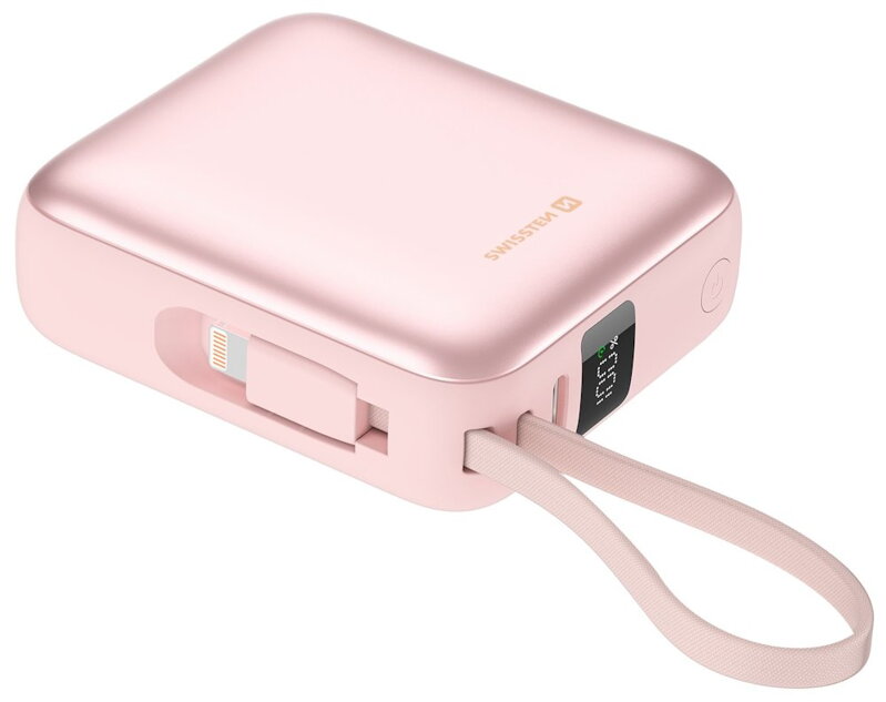 Swissten Power Bank Space 10000 mAh S Integrovanými Kabely USB-C A Lightning Růžová