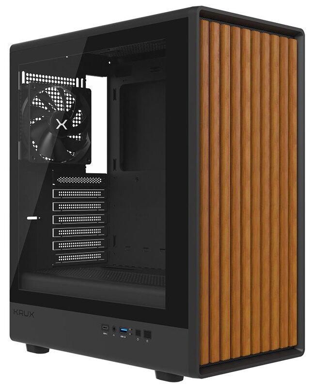 Krux skříň Heliora / ATX / 120mm fan / USB3.0 / USB-C / zaoblená / dřevěný design panelu / černá