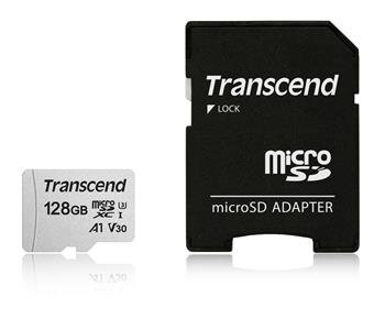 Transcend 128GB microSDXC 300S UHS-I U3 V30 A1 3D TLC (Class 10) paměťová karta (s adaptérem), 95MB/s R, 40MB/s W