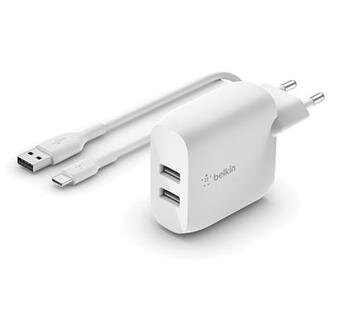 Belkin Duální 24W USB-A nástěnná nabíječka + 1m USB-C kabel, bílá Belkin Duální 24W USB-A nástěnná nabíječka + 1m USB-C kabel, bílá