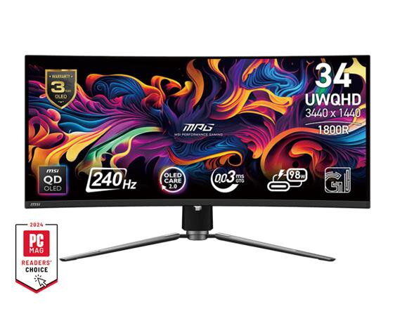 MSI Gaming monitor MPG 341CQPX QD-OLED, 34,18" QD-OLED zakřivený/3440x1440 (UWQHD)/240Hz/0,03ms/2xHDMI/DP/USB-A,B,C/Výškově nast.