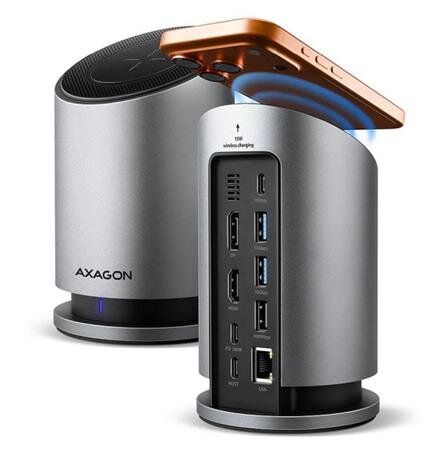 AXAGON HMC-WL9, USB 10Gbps hub s Qi, 3x USB-A, USB-C, HDMI & DP 4k/60Hz, RJ-45 GLAN, PD 100W, kabel USB-C 60cm