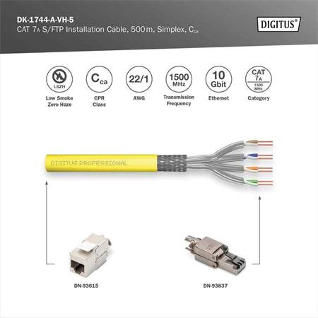 DIGITUS CAT 7A S/FTP, datový kabel – instalační kabel, 500 m, simplex, Cca, GHMT PVP certifikace