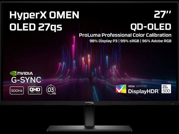 HyperX OMEN 27qs QHD 500Hz 27"/2560x1440 OLED QHD/16:9/300cd/0,03ms/1xDP/2xHDMI/VESA/výškově stavitelný/pivot/black