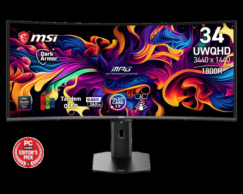 MSI Gaming monitor MPG 341CQR QD-OLED X36, 34" QD-OLED zakřivený/3440x1440(UWQHD)/360Hz/0,03ms/2xHDMI/DP/USB-A,B,C/Výšk.