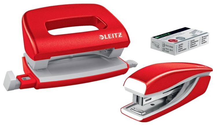 LEITZ Set mini sešívačky a děrovačky  WOW, červená