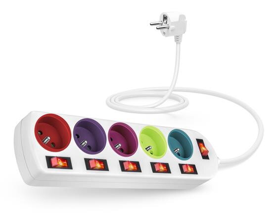 CONNECT IT prodlužovací kabel , 5 zásuvek, 2 m, s vypínači, barevná