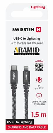 SWISSTEN DATOVÝ KABEL  ARAMID REINFORCED USB-C / LIGHTNING 1,5 M ANTRACIT