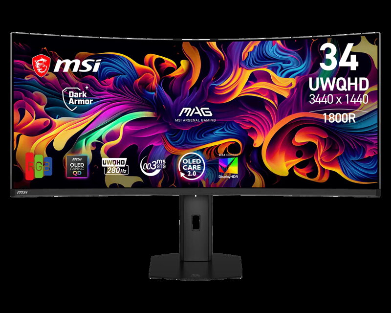 MSI Gaming monitor MAG 341CQP QD-OLED X28, 34" QD-OLED zakřivený/3440x1440(UWQHD)/280Hz/0,03ms/2xHDMI/DP/USB-C/Výšk.nast