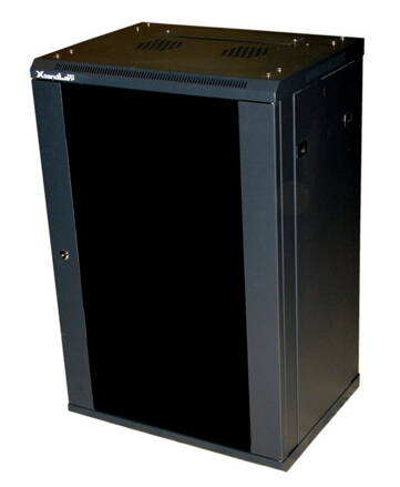 XtendLan 22U/600x600, na stenu, jednodielny, sklenené dvere, čierny, rozložený
