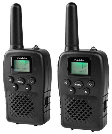 NEDIS vysielačka/ dosah 10 km/ 8 kanálov/ UHF/ VOX/ LED svetlo/ dobíjacia batéria/ micro USB/ 2 kusy/ čierna