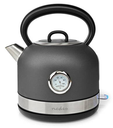NEDIS rychlovarná konvice KAWK310EGY/ objem 1,7 l/ teploměr/ otáčení o 360°/ spotřeba 2150 W/ nerezová ocel/ šedá